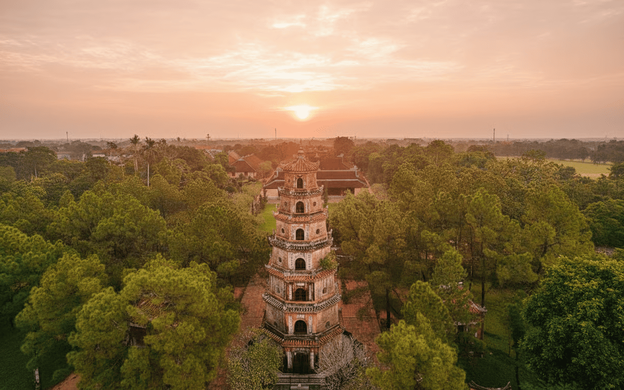 Thien Mu Pagoda overlooks the Perfume River